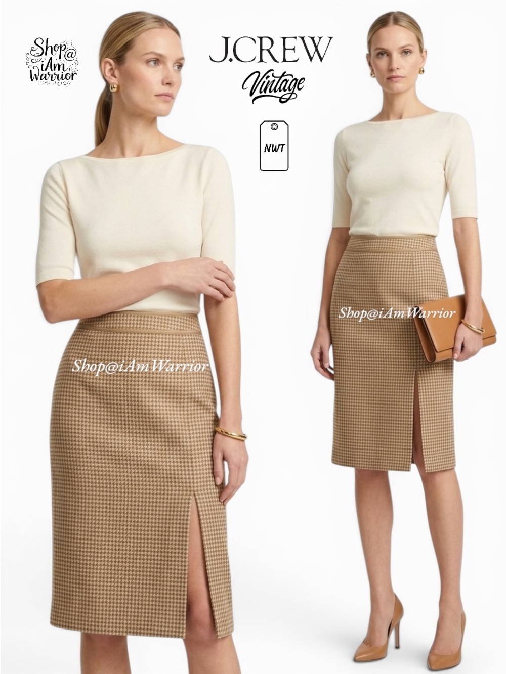 J.Crew NWT rare tan/ivory wool houndstooth pencil skirt *shop@iamwarrior